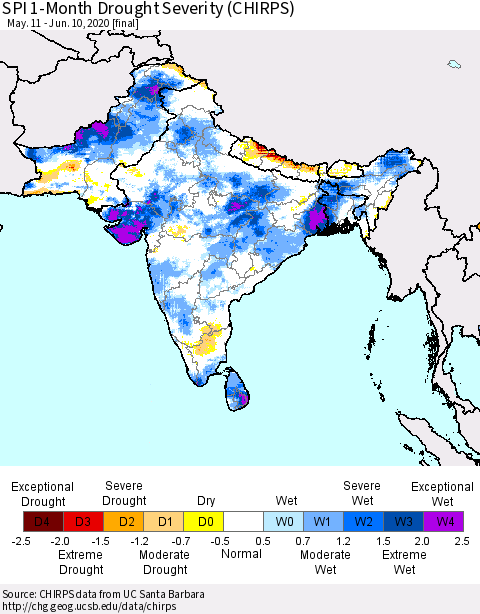 Southern Asia SPI 1-Month Drought Severity (CHIRPS) Thematic Map For 5/11/2020 - 6/10/2020