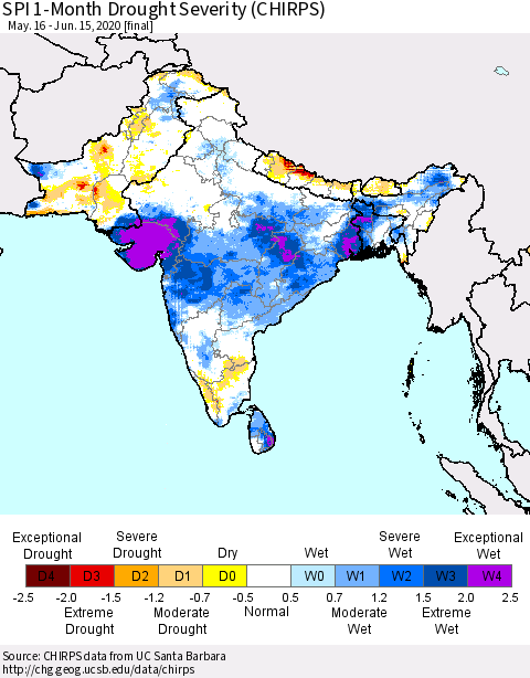 Southern Asia SPI 1-Month Drought Severity (CHIRPS) Thematic Map For 5/16/2020 - 6/15/2020