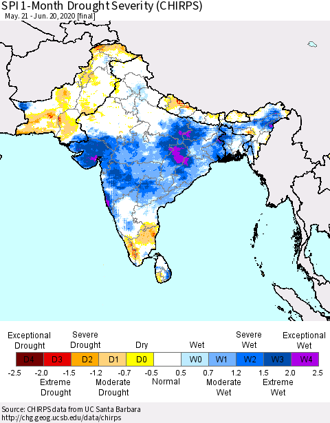 Southern Asia SPI 1-Month Drought Severity (CHIRPS) Thematic Map For 5/21/2020 - 6/20/2020