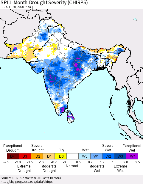 Southern Asia SPI 1-Month Drought Severity (CHIRPS) Thematic Map For 6/1/2020 - 6/30/2020