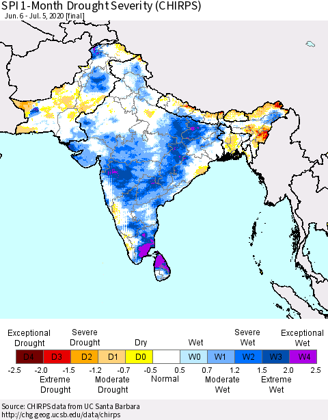 Southern Asia SPI 1-Month Drought Severity (CHIRPS) Thematic Map For 6/6/2020 - 7/5/2020