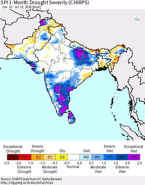 Southern Asia SPI 1-Month Drought Severity (CHIRPS) Thematic Map For 6/16/2020 - 7/15/2020