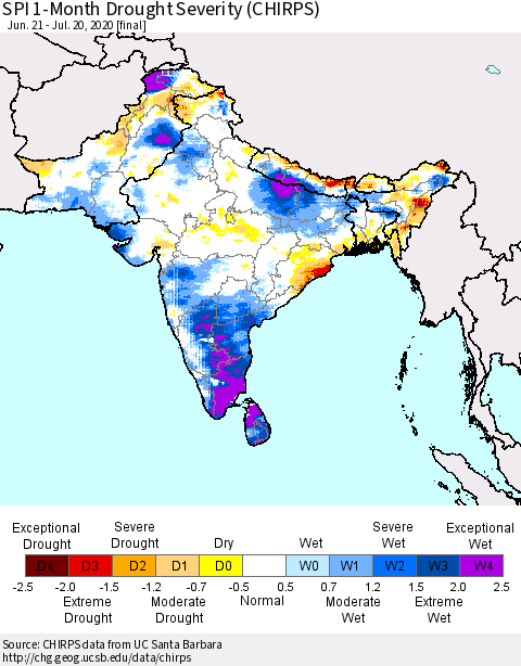 Southern Asia SPI 1-Month Drought Severity (CHIRPS) Thematic Map For 6/21/2020 - 7/20/2020