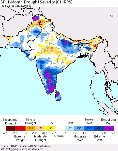 Southern Asia SPI 1-Month Drought Severity (CHIRPS) Thematic Map For 6/26/2020 - 7/25/2020