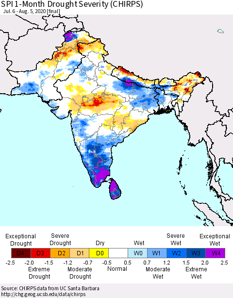 Southern Asia SPI 1-Month Drought Severity (CHIRPS) Thematic Map For 7/6/2020 - 8/5/2020