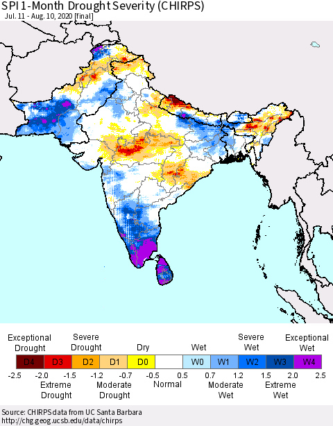 Southern Asia SPI 1-Month Drought Severity (CHIRPS) Thematic Map For 7/11/2020 - 8/10/2020