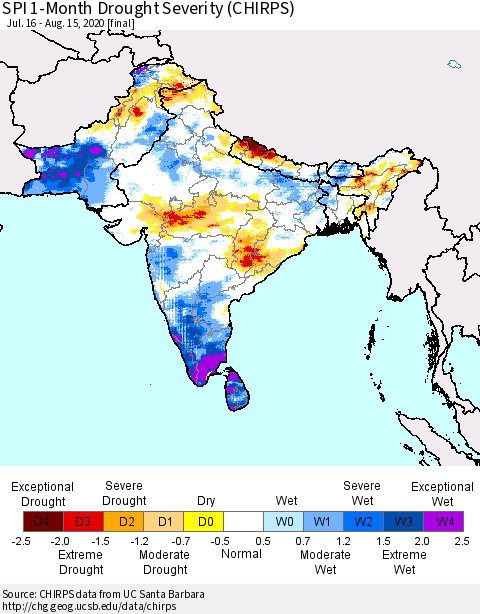 Southern Asia SPI 1-Month Drought Severity (CHIRPS) Thematic Map For 7/16/2020 - 8/15/2020