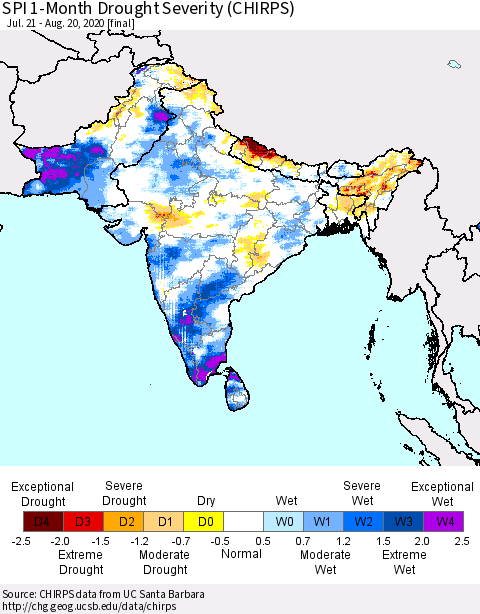 Southern Asia SPI 1-Month Drought Severity (CHIRPS) Thematic Map For 7/21/2020 - 8/20/2020