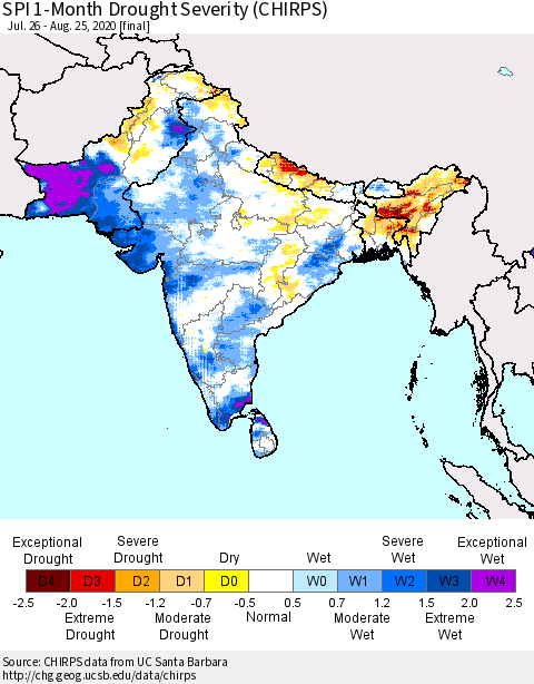 Southern Asia SPI 1-Month Drought Severity (CHIRPS) Thematic Map For 7/26/2020 - 8/25/2020