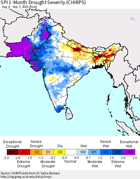 Southern Asia SPI 1-Month Drought Severity (CHIRPS) Thematic Map For 8/6/2020 - 9/5/2020