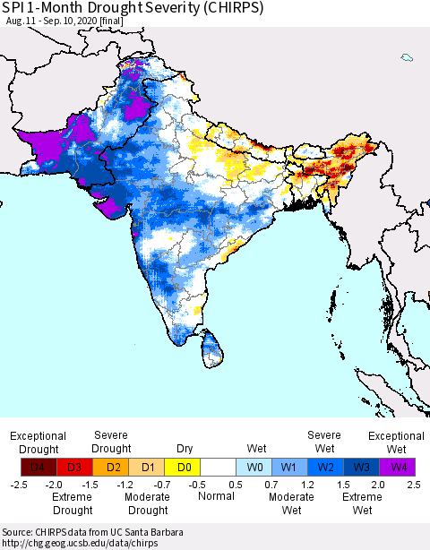 Southern Asia SPI 1-Month Drought Severity (CHIRPS) Thematic Map For 8/11/2020 - 9/10/2020