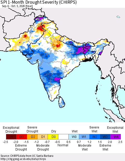 Southern Asia SPI 1-Month Drought Severity (CHIRPS) Thematic Map For 9/6/2020 - 10/5/2020