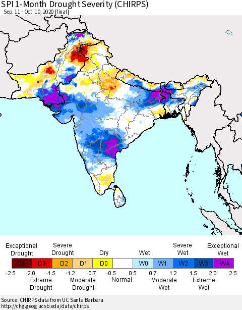 Southern Asia SPI 1-Month Drought Severity (CHIRPS) Thematic Map For 9/11/2020 - 10/10/2020