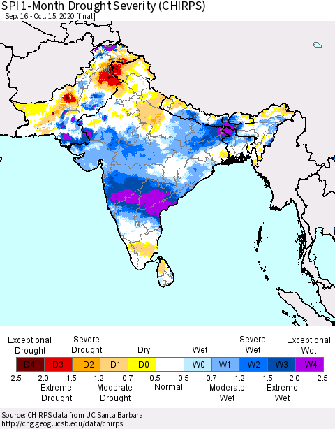 Southern Asia SPI 1-Month Drought Severity (CHIRPS) Thematic Map For 9/16/2020 - 10/15/2020