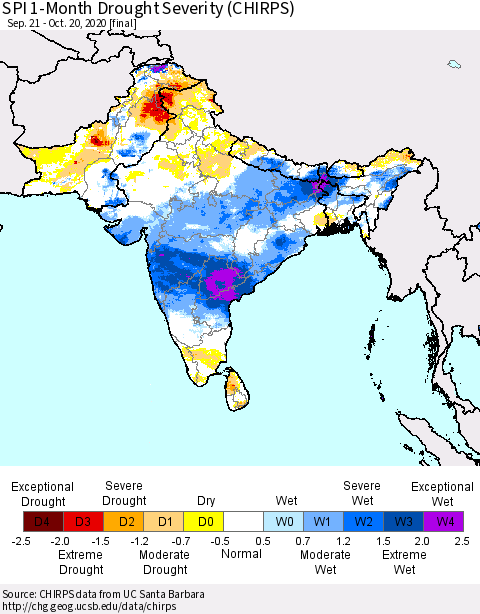 Southern Asia SPI 1-Month Drought Severity (CHIRPS) Thematic Map For 9/21/2020 - 10/20/2020