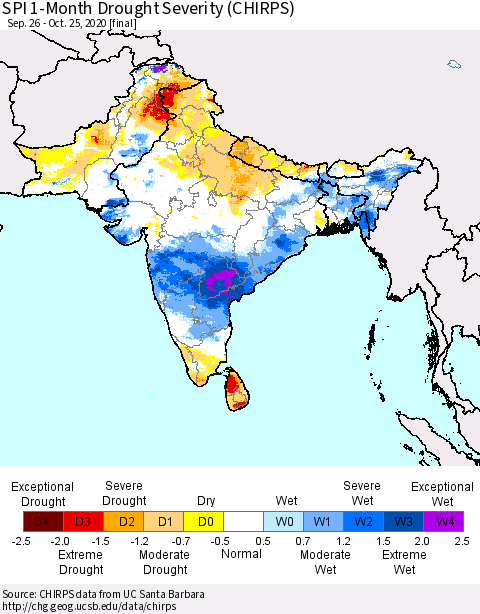 Southern Asia SPI 1-Month Drought Severity (CHIRPS) Thematic Map For 9/26/2020 - 10/25/2020