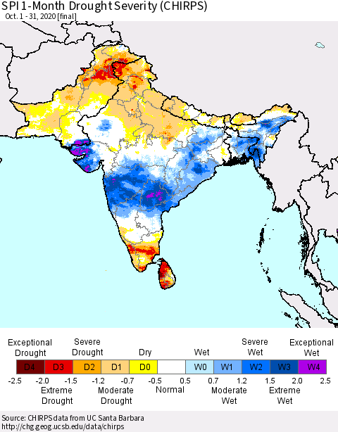 Southern Asia SPI 1-Month Drought Severity (CHIRPS) Thematic Map For 10/1/2020 - 10/31/2020