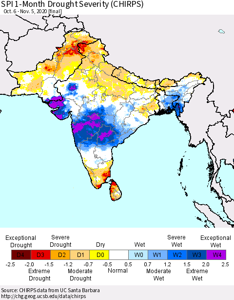 Southern Asia SPI 1-Month Drought Severity (CHIRPS) Thematic Map For 10/6/2020 - 11/5/2020