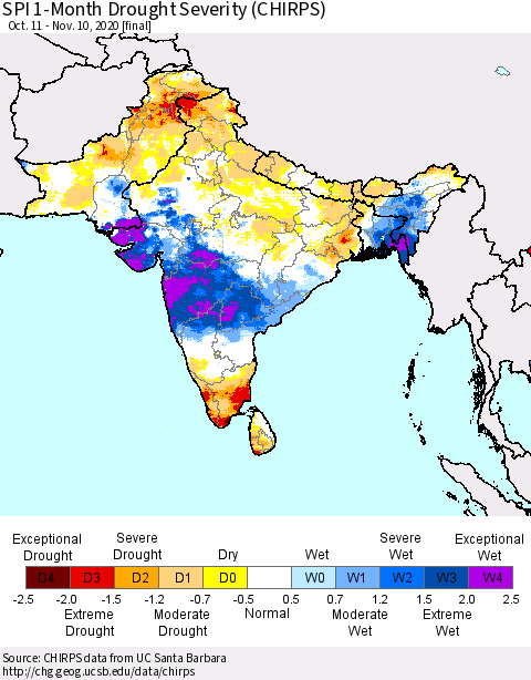 Southern Asia SPI 1-Month Drought Severity (CHIRPS) Thematic Map For 10/11/2020 - 11/10/2020
