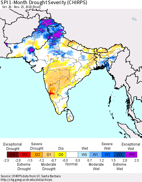 Southern Asia SPI 1-Month Drought Severity (CHIRPS) Thematic Map For 10/26/2020 - 11/25/2020