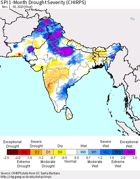 Southern Asia SPI 1-Month Drought Severity (CHIRPS) Thematic Map For 11/1/2020 - 11/30/2020