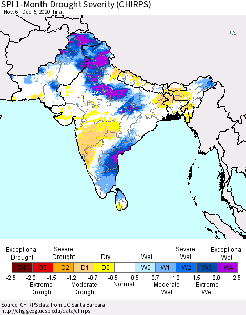 Southern Asia SPI 1-Month Drought Severity (CHIRPS) Thematic Map For 11/6/2020 - 12/5/2020