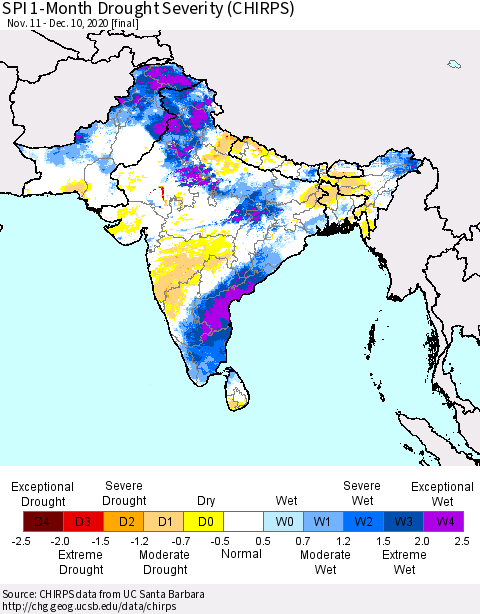 Southern Asia SPI 1-Month Drought Severity (CHIRPS) Thematic Map For 11/11/2020 - 12/10/2020