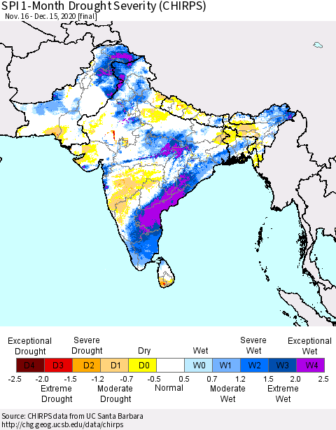 Southern Asia SPI 1-Month Drought Severity (CHIRPS) Thematic Map For 11/16/2020 - 12/15/2020