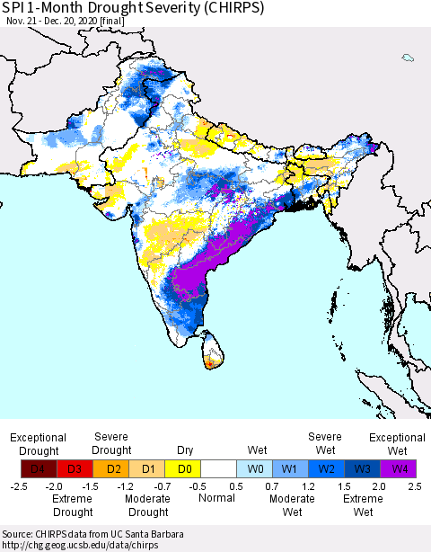 Southern Asia SPI 1-Month Drought Severity (CHIRPS) Thematic Map For 11/21/2020 - 12/20/2020