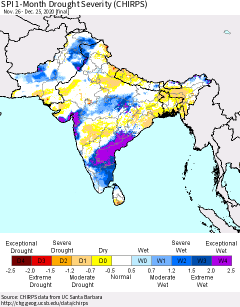 Southern Asia SPI 1-Month Drought Severity (CHIRPS) Thematic Map For 11/26/2020 - 12/25/2020