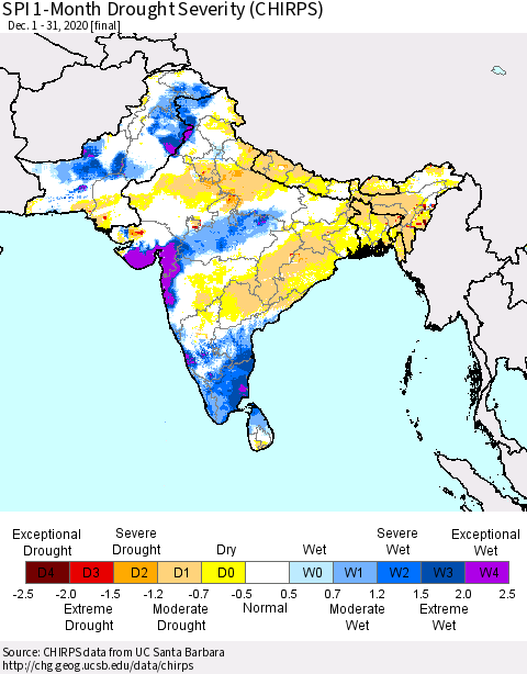 Southern Asia SPI 1-Month Drought Severity (CHIRPS) Thematic Map For 12/1/2020 - 12/31/2020