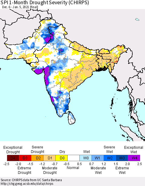 Southern Asia SPI 1-Month Drought Severity (CHIRPS) Thematic Map For 12/6/2020 - 1/5/2021