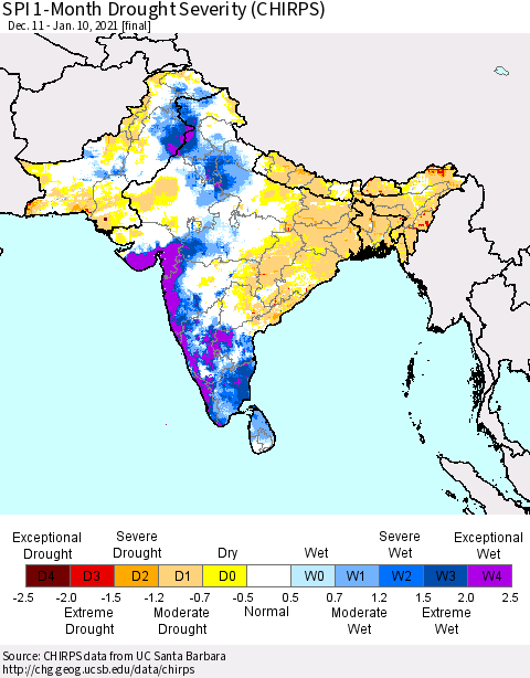 Southern Asia SPI 1-Month Drought Severity (CHIRPS) Thematic Map For 12/11/2020 - 1/10/2021