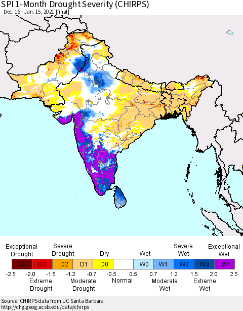 Southern Asia SPI 1-Month Drought Severity (CHIRPS) Thematic Map For 12/16/2020 - 1/15/2021