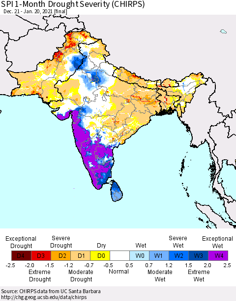 Southern Asia SPI 1-Month Drought Severity (CHIRPS) Thematic Map For 12/21/2020 - 1/20/2021