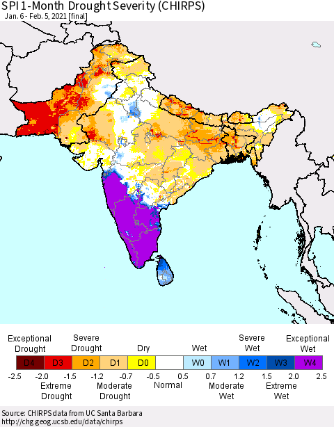 Southern Asia SPI 1-Month Drought Severity (CHIRPS) Thematic Map For 1/6/2021 - 2/5/2021