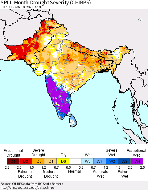 Southern Asia SPI 1-Month Drought Severity (CHIRPS) Thematic Map For 1/11/2021 - 2/10/2021