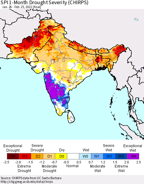 Southern Asia SPI 1-Month Drought Severity (CHIRPS) Thematic Map For 1/26/2021 - 2/25/2021