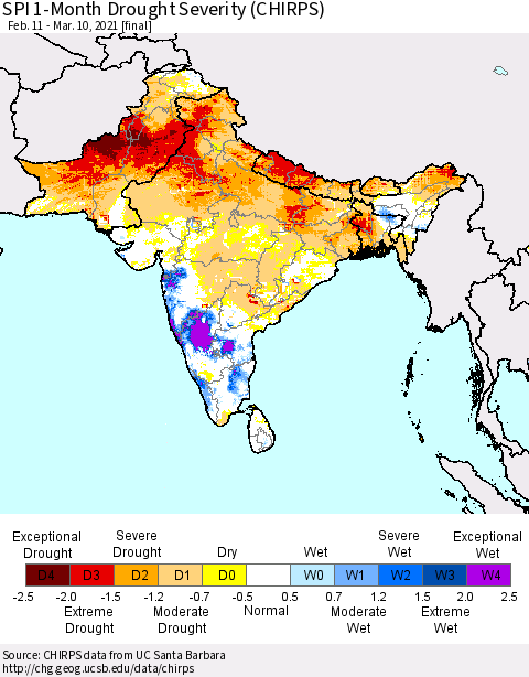 Southern Asia SPI 1-Month Drought Severity (CHIRPS) Thematic Map For 2/11/2021 - 3/10/2021