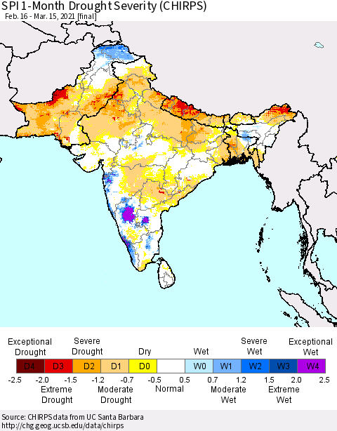 Southern Asia SPI 1-Month Drought Severity (CHIRPS) Thematic Map For 2/16/2021 - 3/15/2021