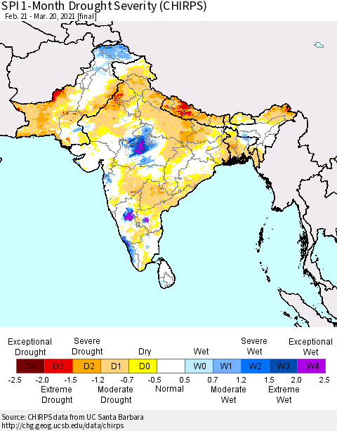 Southern Asia SPI 1-Month Drought Severity (CHIRPS) Thematic Map For 2/21/2021 - 3/20/2021