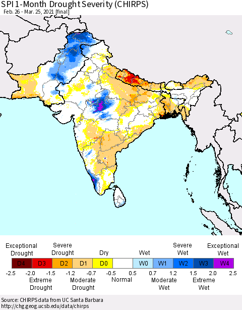 Southern Asia SPI 1-Month Drought Severity (CHIRPS) Thematic Map For 2/26/2021 - 3/25/2021