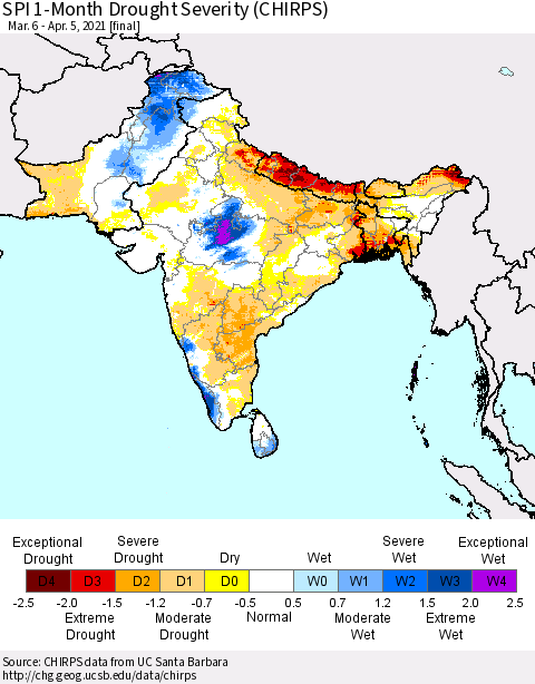 Southern Asia SPI 1-Month Drought Severity (CHIRPS) Thematic Map For 3/6/2021 - 4/5/2021