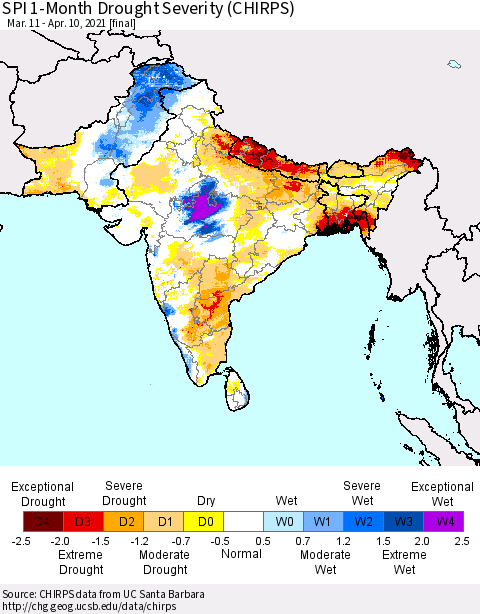 Southern Asia SPI 1-Month Drought Severity (CHIRPS) Thematic Map For 3/11/2021 - 4/10/2021