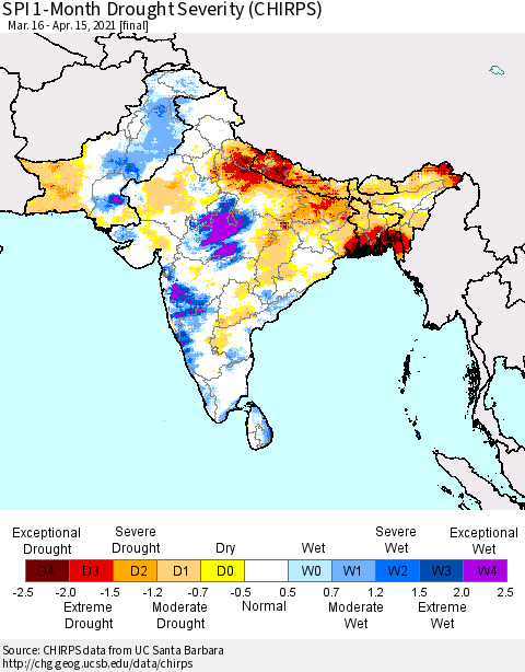 Southern Asia SPI 1-Month Drought Severity (CHIRPS) Thematic Map For 3/16/2021 - 4/15/2021