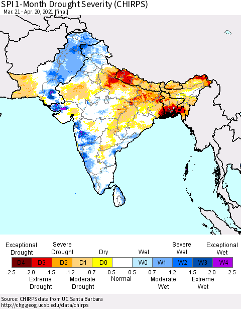 Southern Asia SPI 1-Month Drought Severity (CHIRPS) Thematic Map For 3/21/2021 - 4/20/2021