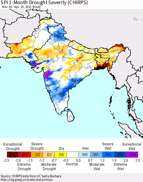 Southern Asia SPI 1-Month Drought Severity (CHIRPS) Thematic Map For 3/26/2021 - 4/25/2021