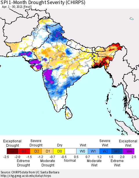 Southern Asia SPI 1-Month Drought Severity (CHIRPS) Thematic Map For 4/1/2021 - 4/30/2021