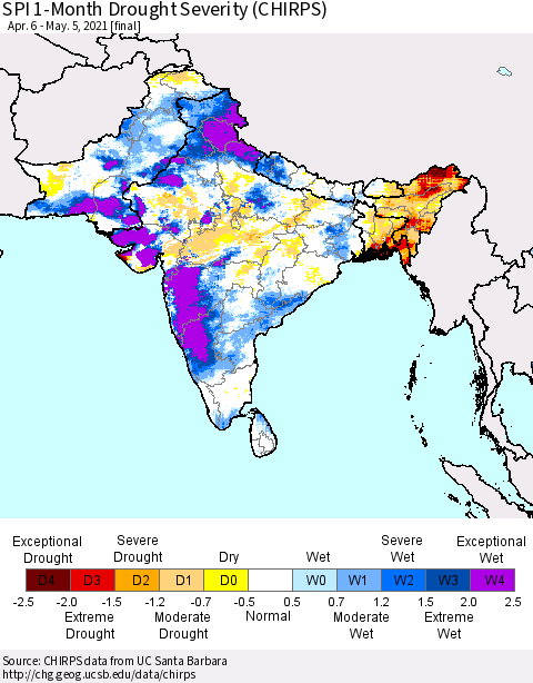Southern Asia SPI 1-Month Drought Severity (CHIRPS) Thematic Map For 4/6/2021 - 5/5/2021