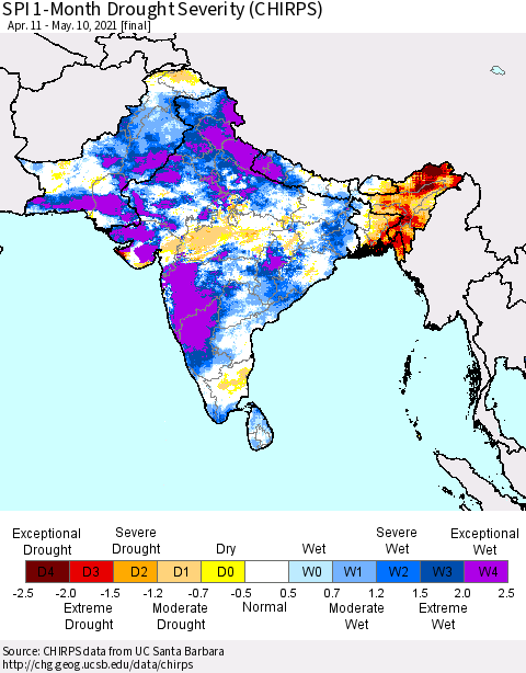 Southern Asia SPI 1-Month Drought Severity (CHIRPS) Thematic Map For 4/11/2021 - 5/10/2021
